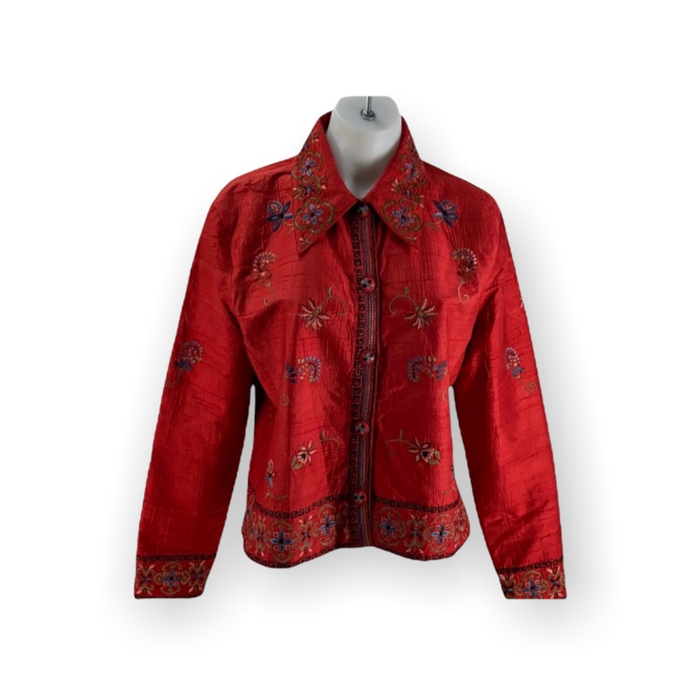 Icelandic Design Red 100% Silk Button Up Embroidered Top  [189]